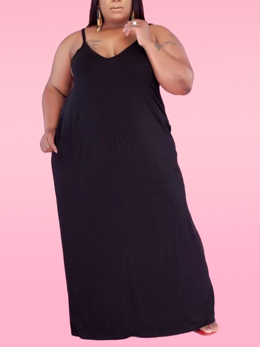 

Lovely Plus Size Casual V Neck Pocket Design Black Floor Length Dress