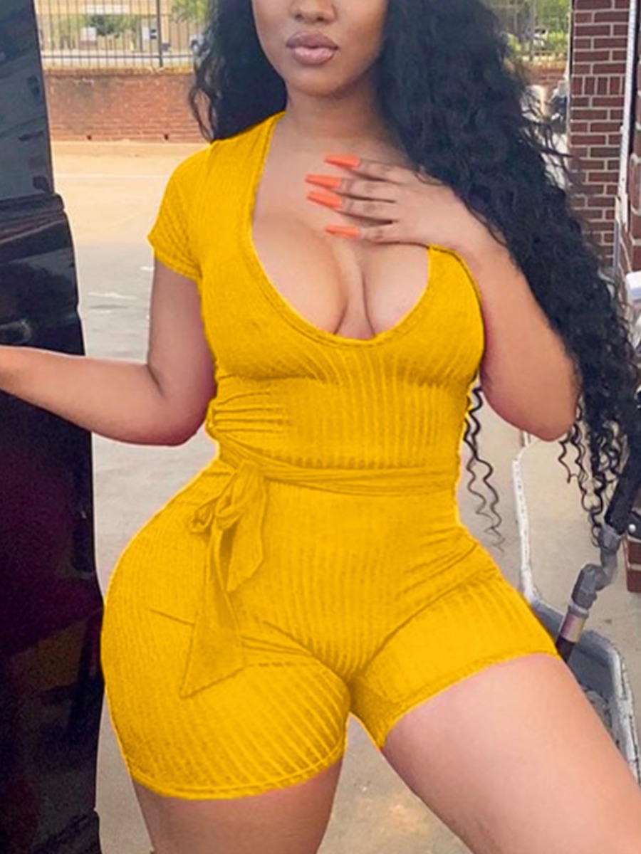 

LW Plus Size Street U Neck Rib-Knit Yellow One-piece Romper