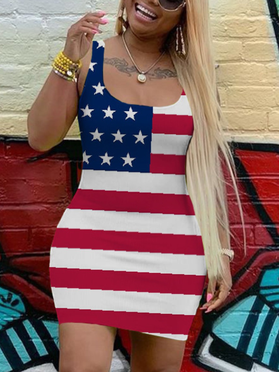 

LW Street U Neck American Flag Print White Mini Dress