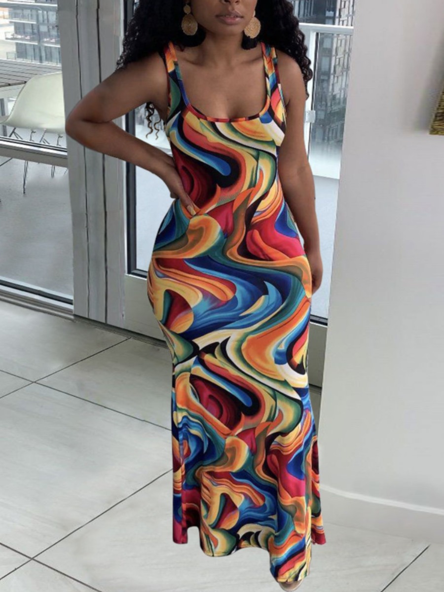 

Lovely Boho U Neck Mixed Print Jacinth Floor Length Dress