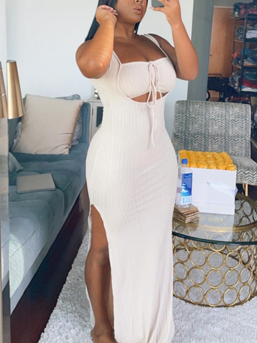 

Lovely Sexy Rib-Knit Hollow-out Slit White Floor Length Dress