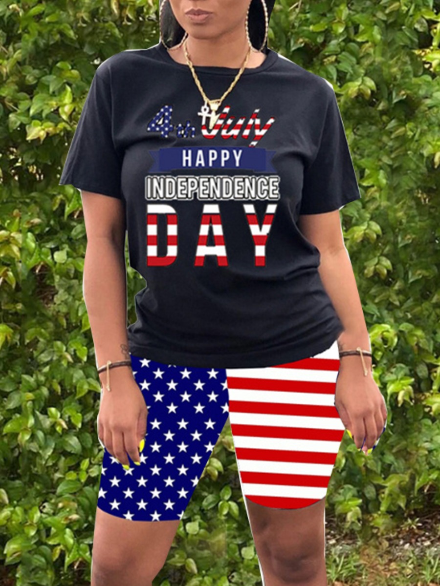 

LW Casual American Flag Letter Print Black Two Piece Shorts Set