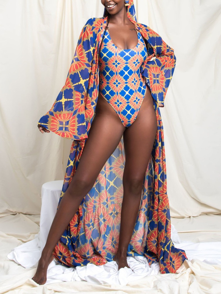

Lovely Boho U Neck Geometric Print Blue One-piece Swimsuit (With Cover-up)