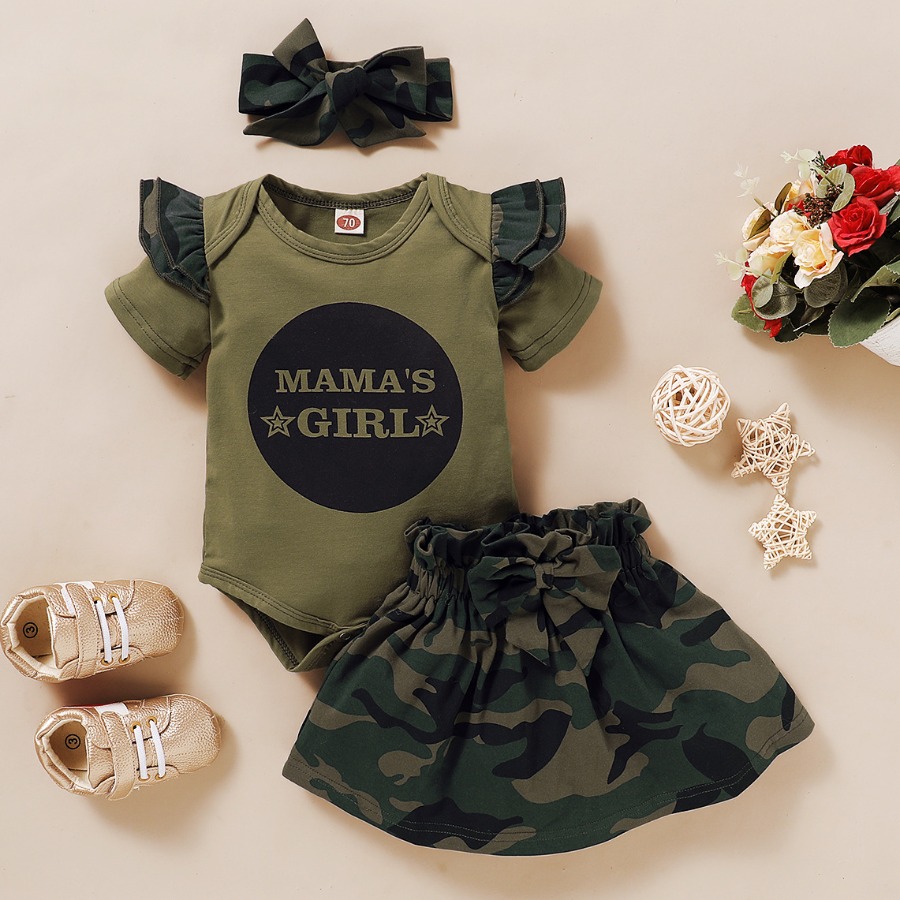 

Lovely Girl Casual Camo Print Flounce Design Green Three Piece Skirt Set