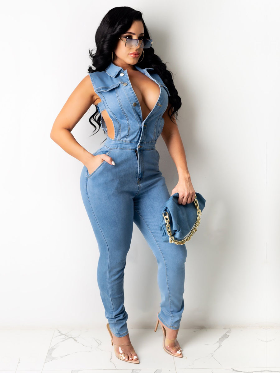 LW Casual Hollow-out Button Design Baby Blue One-piece Denim Jumpsuit