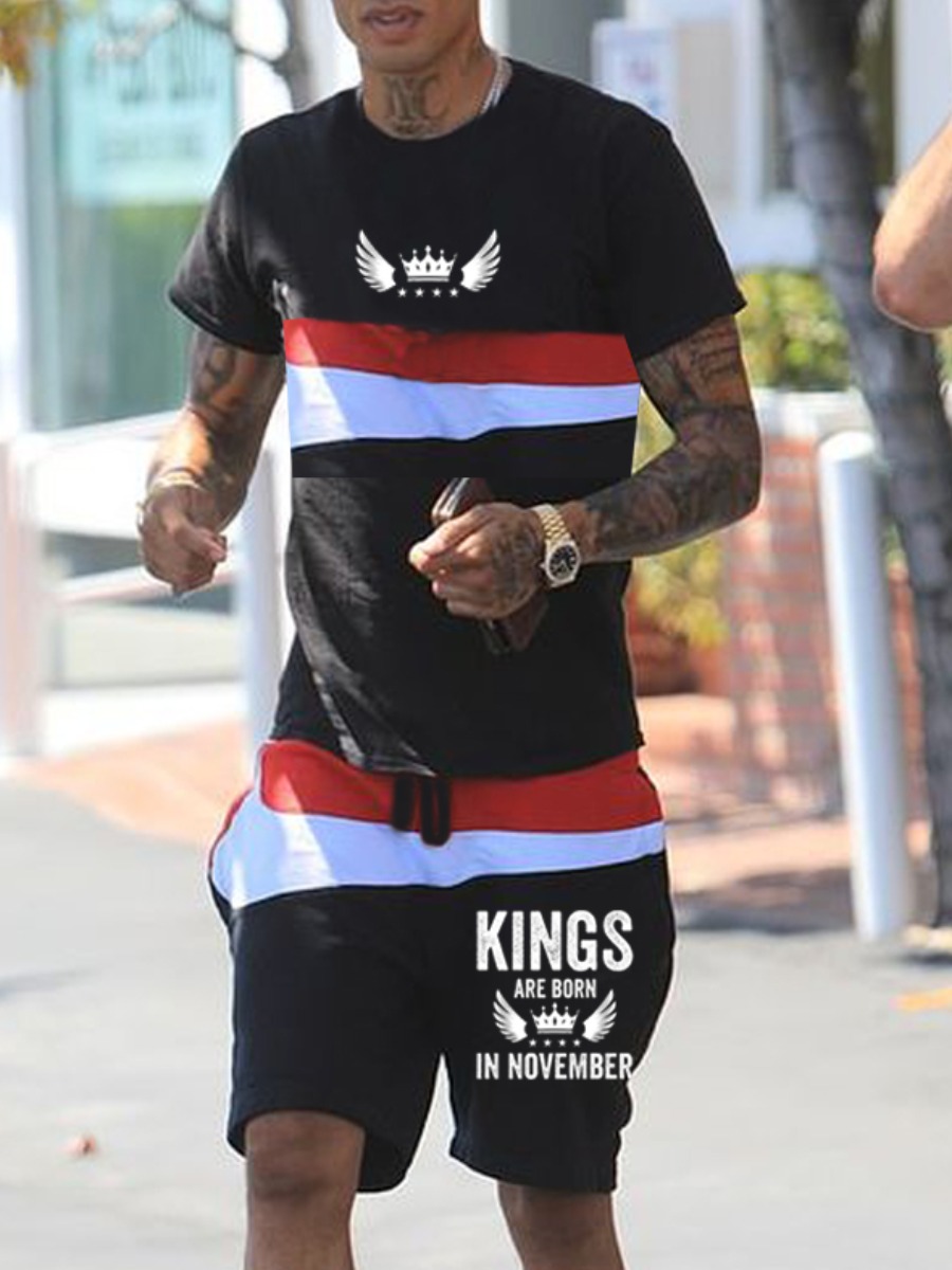 

Lovely Men Casual Crown Letter Print Drawstring Black Two Piece Shorts Set