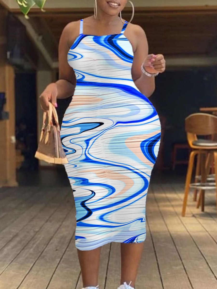 

Lovely Plus Size Boho Gradient Ruched Blue Mid Calf Dress