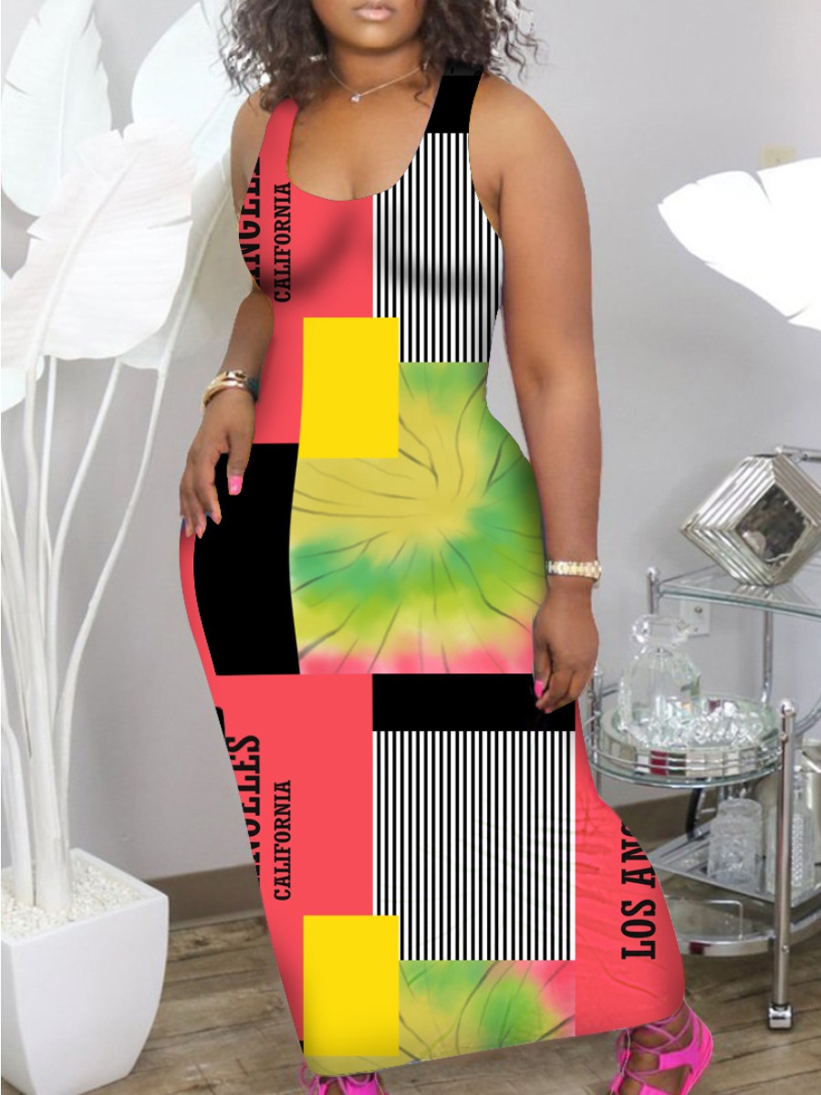 

Lovely Plus Size Street Letter Print Patchwork Pink Ankle Length Dress