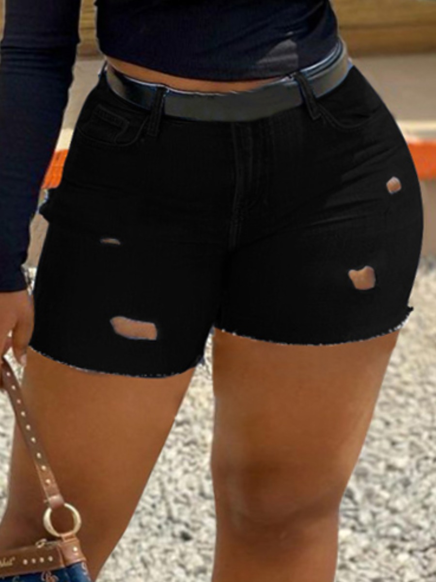 

Lovely Plus Size Street Mid Waist Ripped Black Shorts (Without Belt)