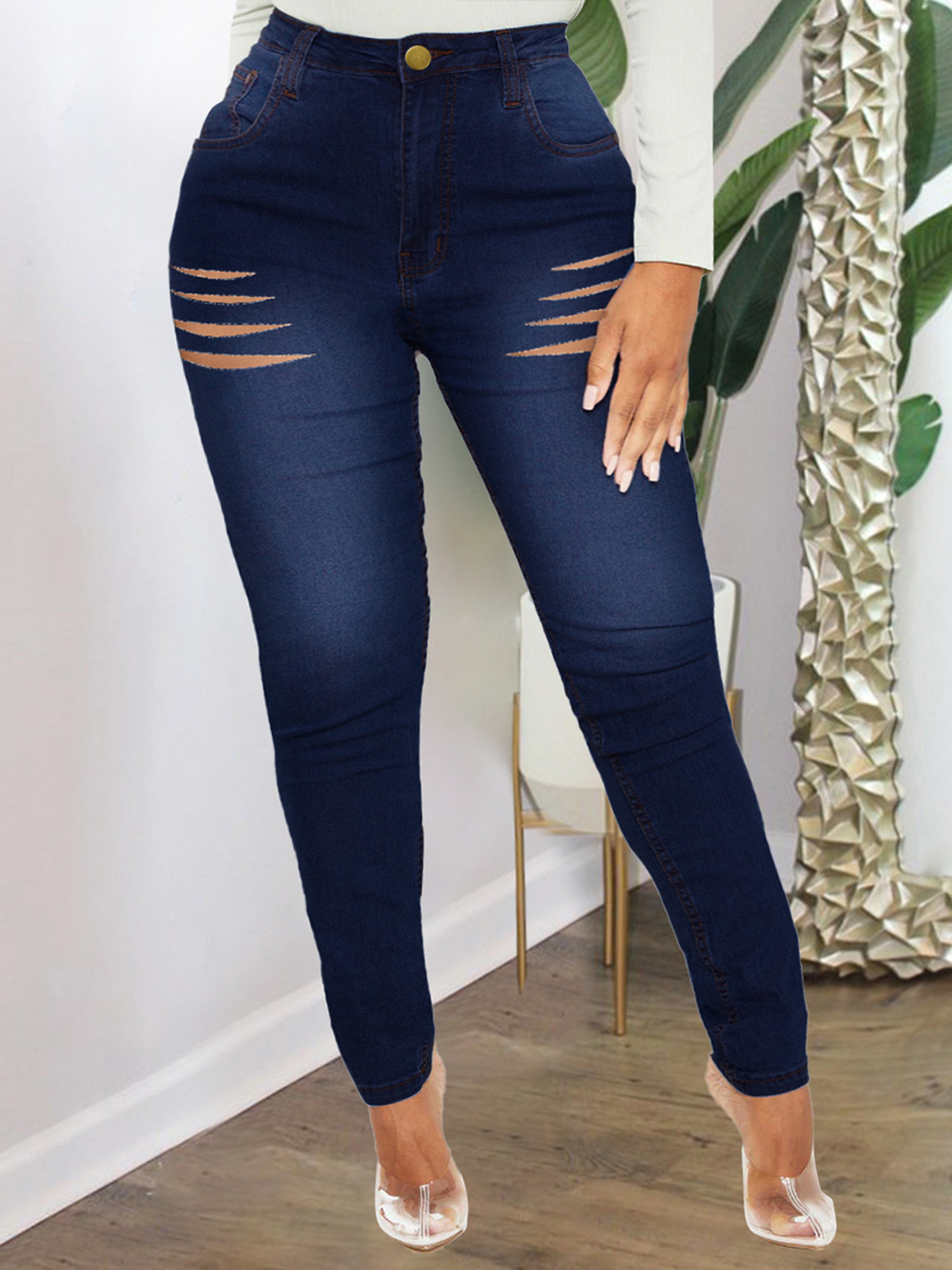 

Lovely Plus Size Street High-waisted Broken Holes Deep Blue Jeans