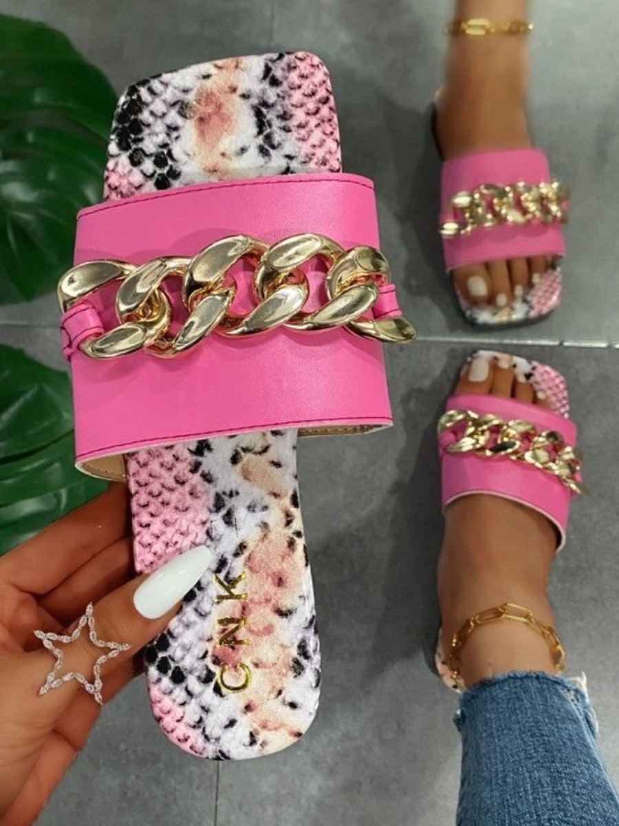 

LW Casual Animal Print Chain Decoration Pink Slippers