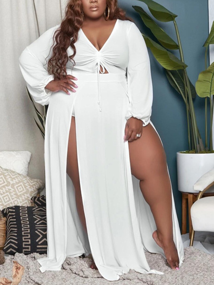 

LW Plus Size Boho Split Bandage Design White Floor Length Dress