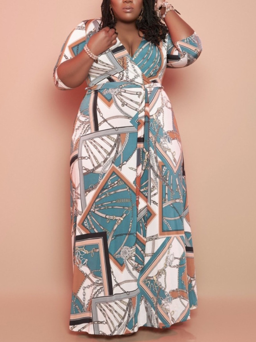 

LW Plus Size Boho Geometric Print Bandage Design Blue Floor Length Dress