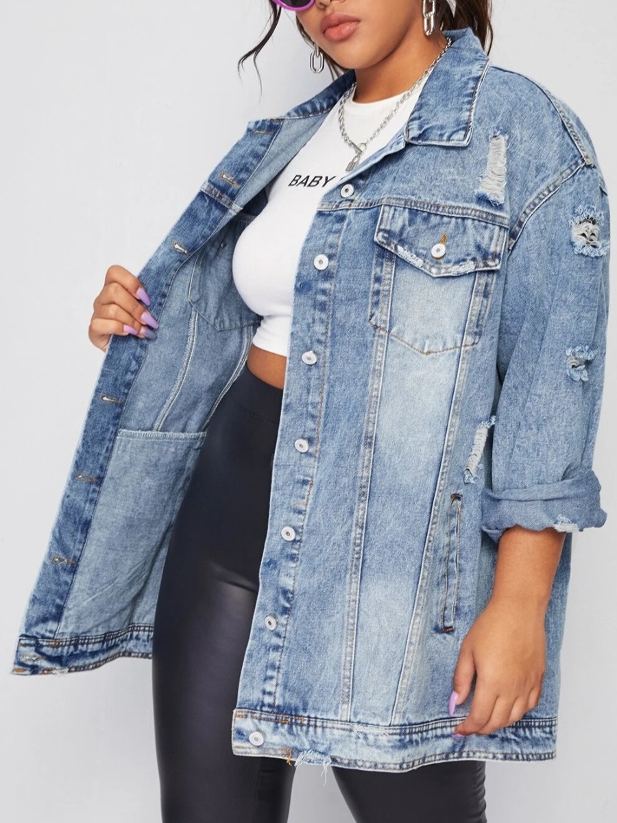 

LW Plus Size Street Turndown Collar Button Design Baby Blue Denim Coat
