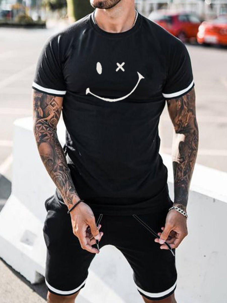 

LW Men Casual Striped Drawstring Black Two Piece Shorts Set