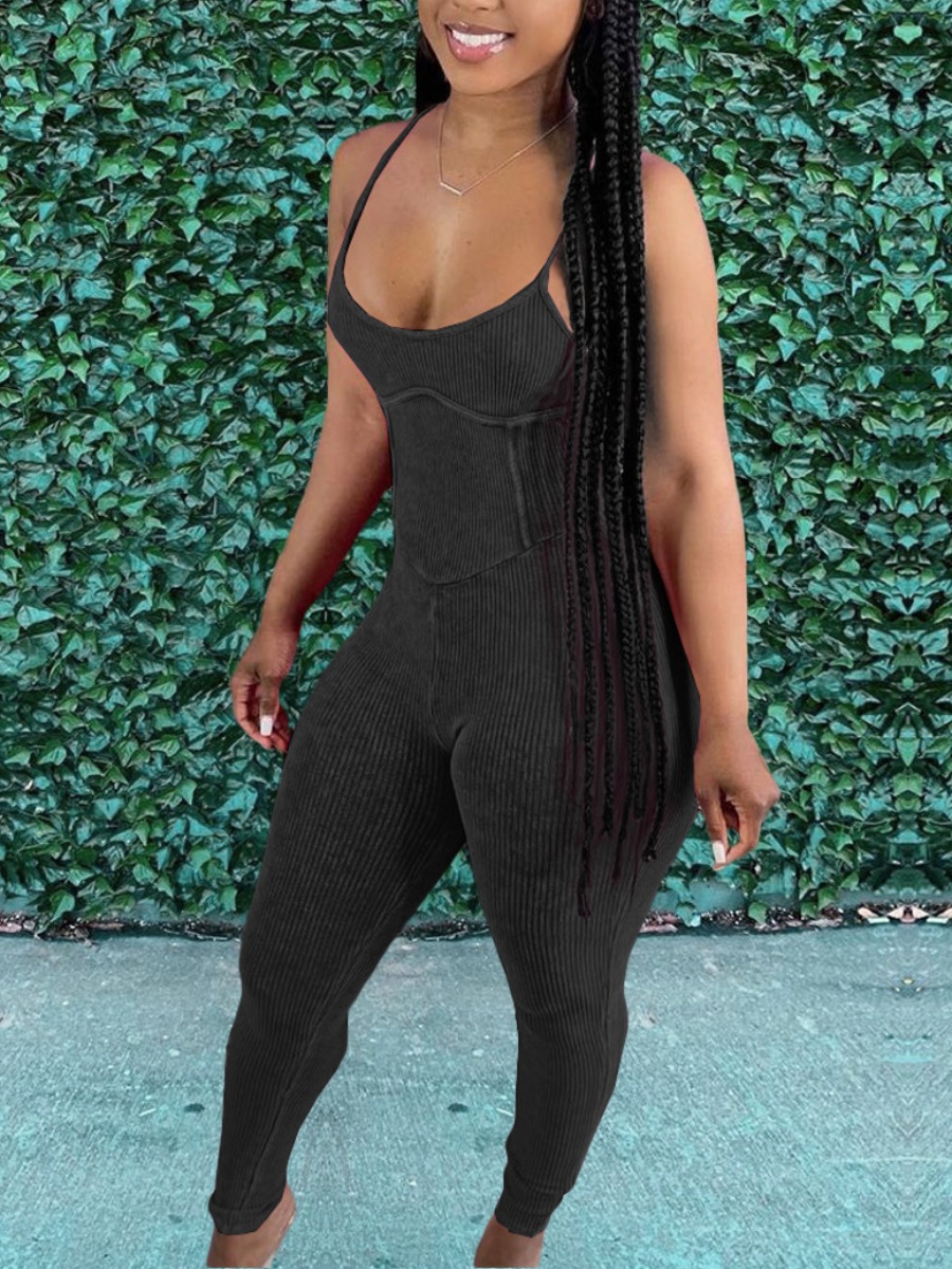 

Lovely Casual Spaghetti Strap Rib-Knit Black One-piece Jumpsuit