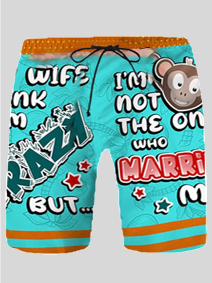 

LW Boho Cartoon Letter Print Blue Swimming Trunk