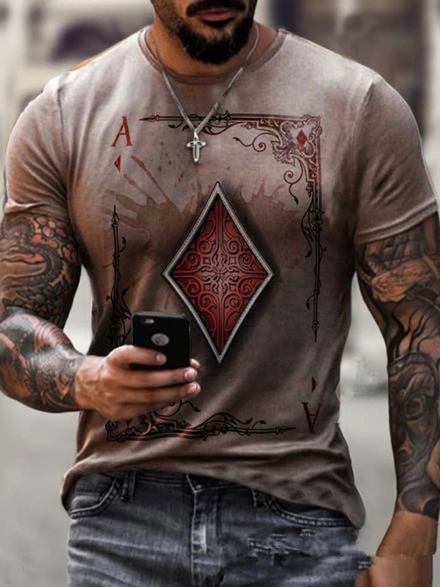 

Lovely Men Casual Round Neck Poker Print Light Pink T-shirt
