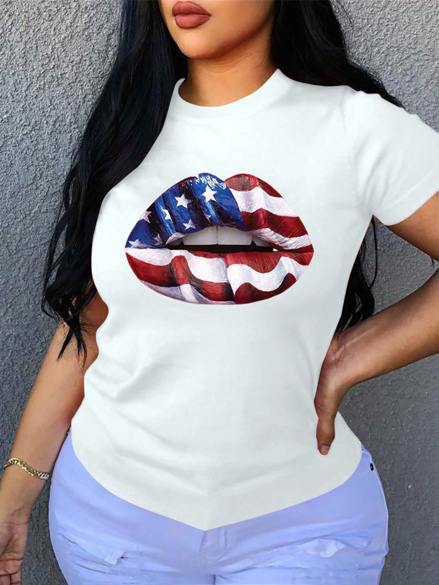 

Lovely Plus Size Street American Flag Lip Print White T-shirt