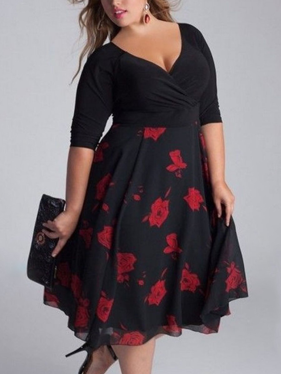 

Lovely Plus Size Boho V Neck Floral Print Black Mid Calf A Line Dress