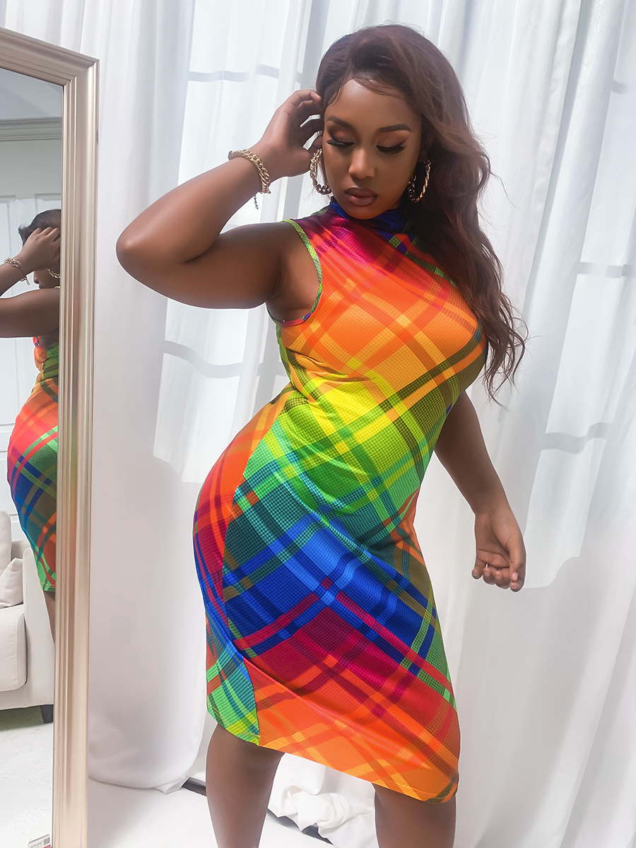 

Lovely Plus Size Street Gradient Plaid Print Multicolor Knee Length Dress, Multi