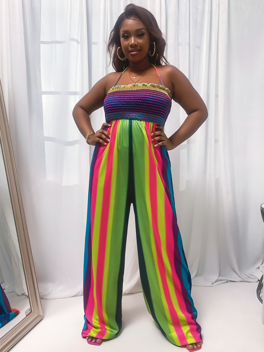 

LW Plus Size Boho Backless Striped Deep Blue One-piece Jumpsuit