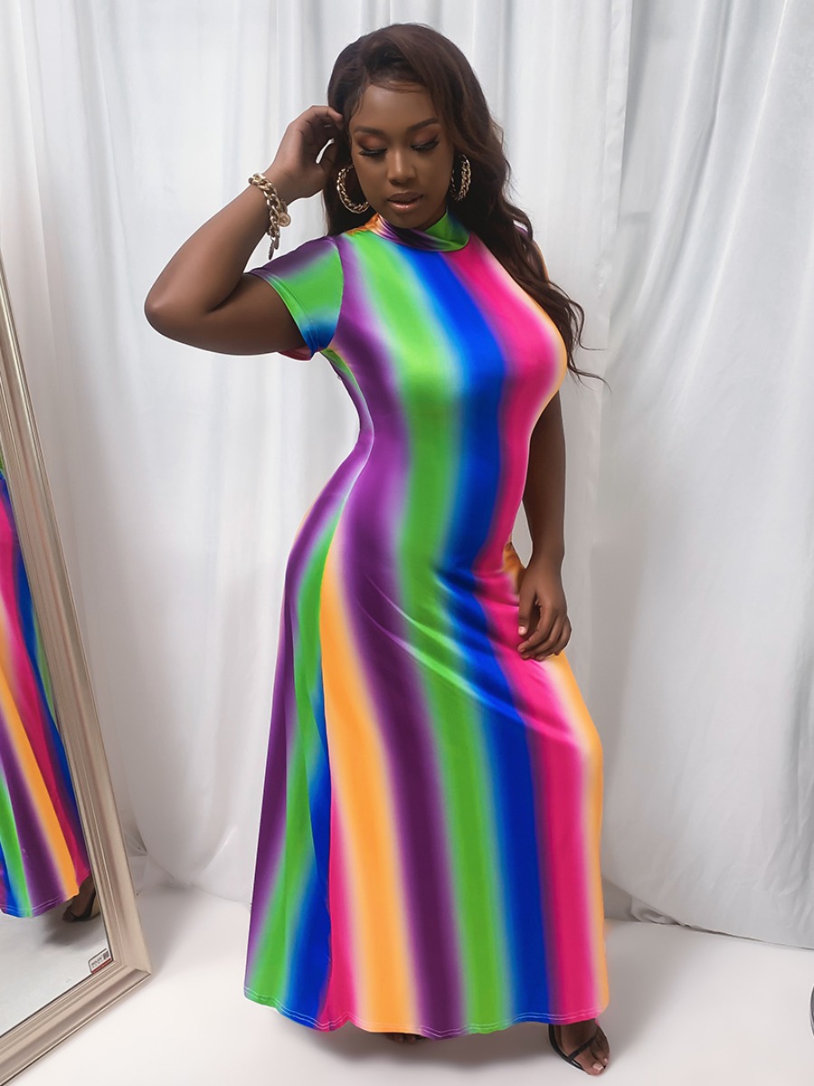 

Lovely Plus Size Boho Turtleneck Rainbow Striped Multicolor Floor Length Dress, Multi