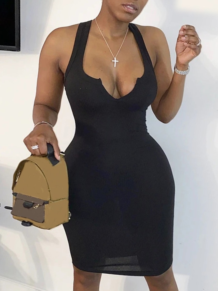 

Lovely Sexy U Neck Elastic Black Knee Length Dress