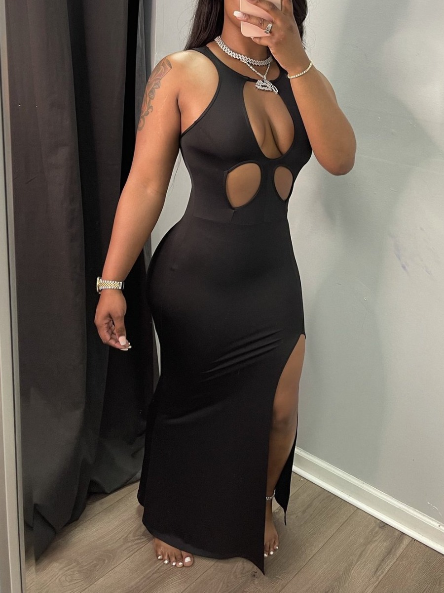 

Lovely Sexy Hollow-out Slit Black Ankle Length Dress