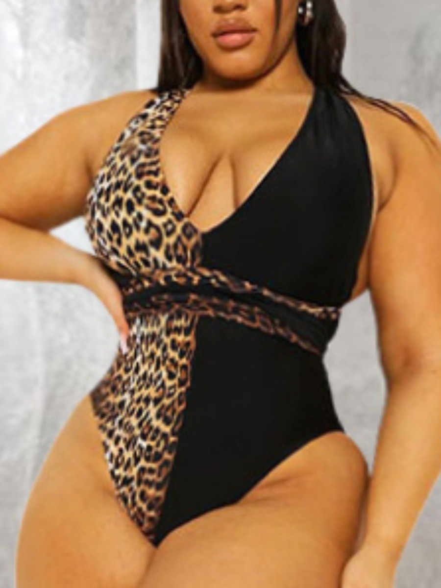 

Lovely Boho Leopard Print Backless Black One-piece Swimsuit