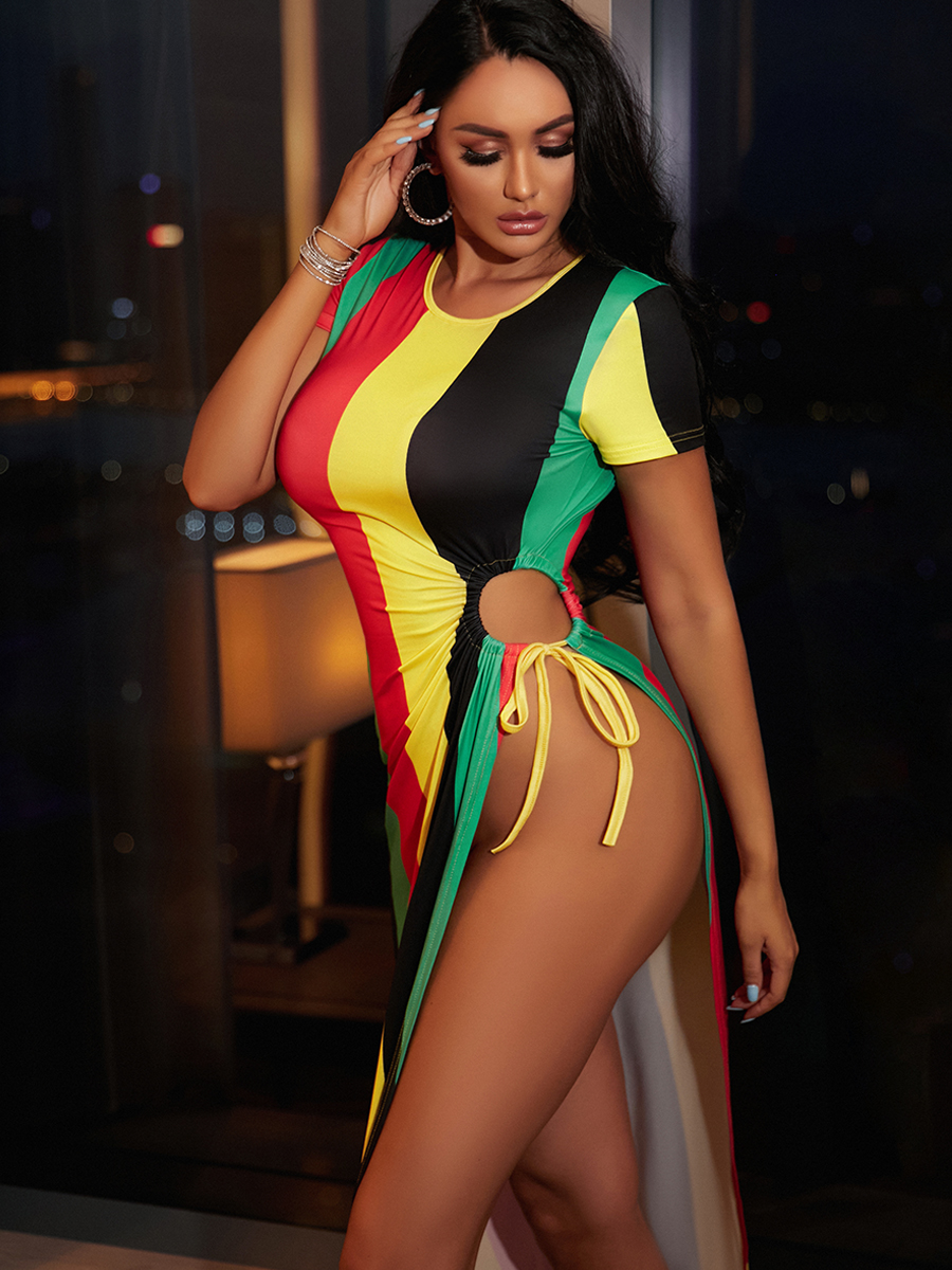 

Lovely Boho Striped Split Multicolor Ankle Length Dress, Multi