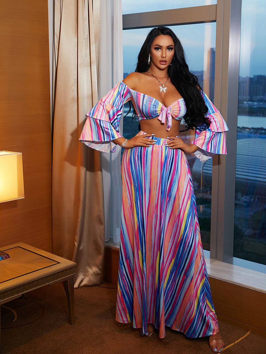 

LW Boho Striped Bandage Design Blue Two Piece Skirt Set, Blue stripe