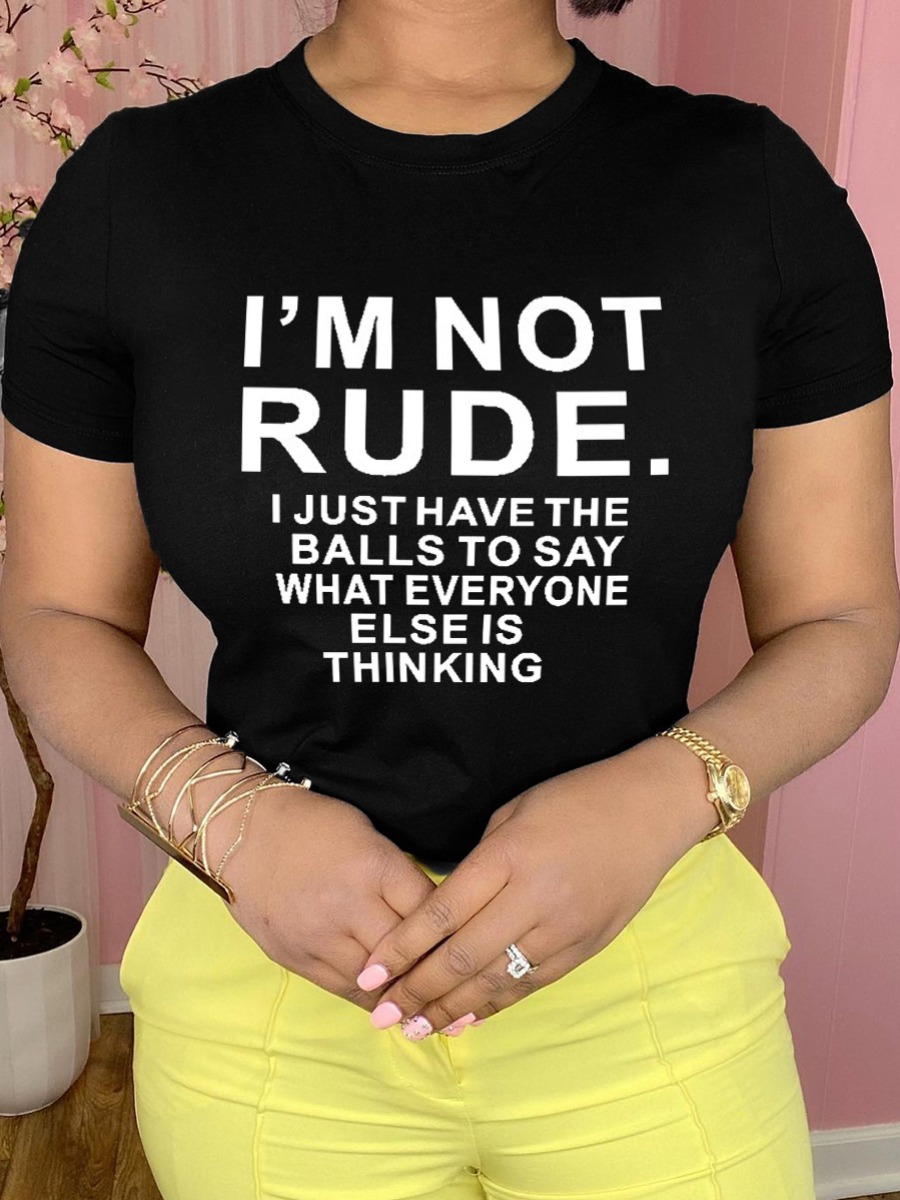 

LW Plus Size Casual O Neck Letter Print White T-shirt, Black