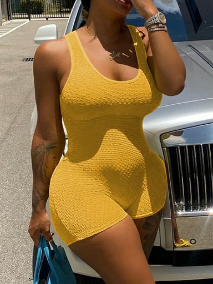 

Lovely Sporty U Neck Backless Yellow One-piece Romper