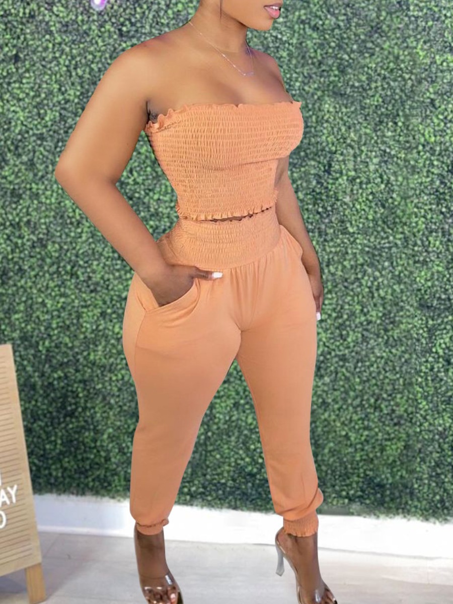 LovelyWholesale Casual Off The Shoulder Fold Design Fan Fare Two Piece Pants Set Spring Sleeveless Casual Ruched Strapless Spring Summer 2024