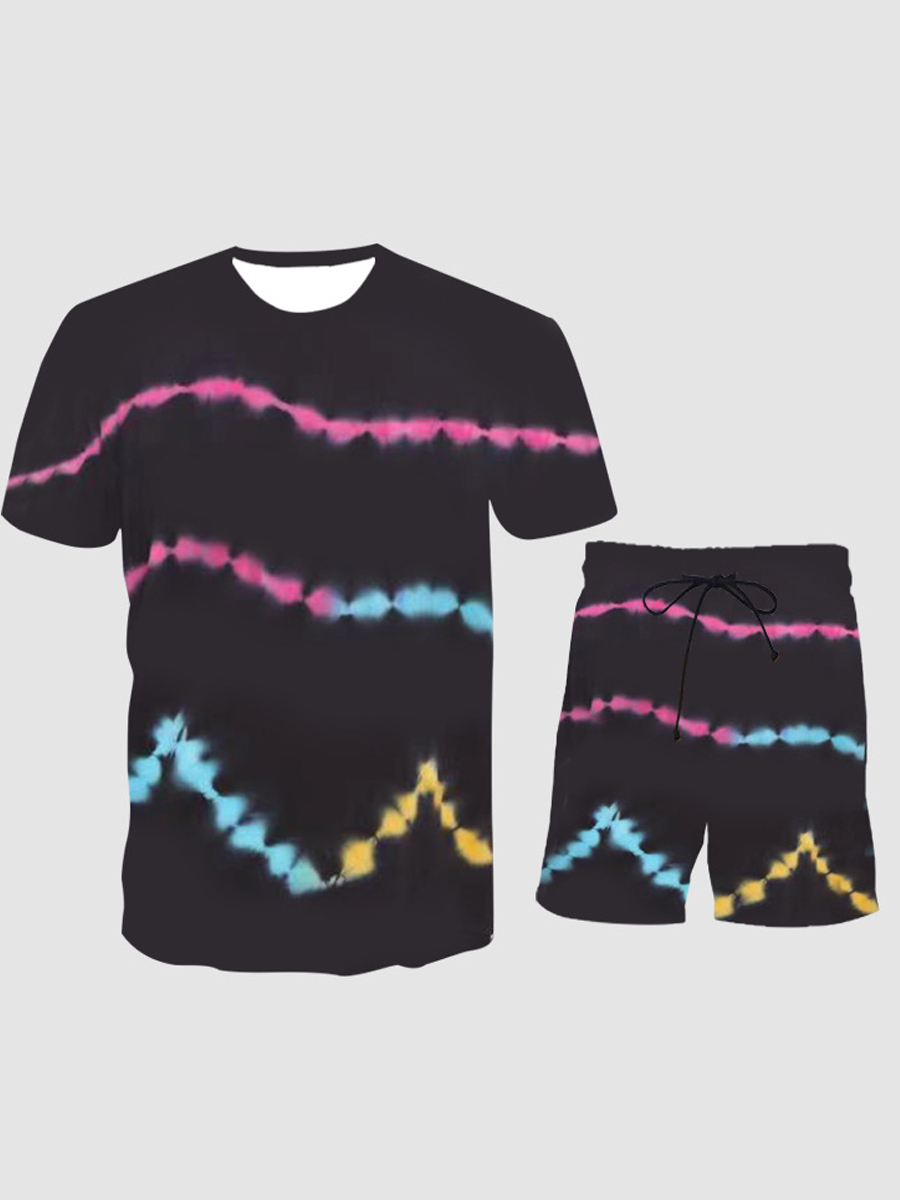 

Lovely Men Street Drawstring Dot Print Carbon Black Two Piece Shorts Set