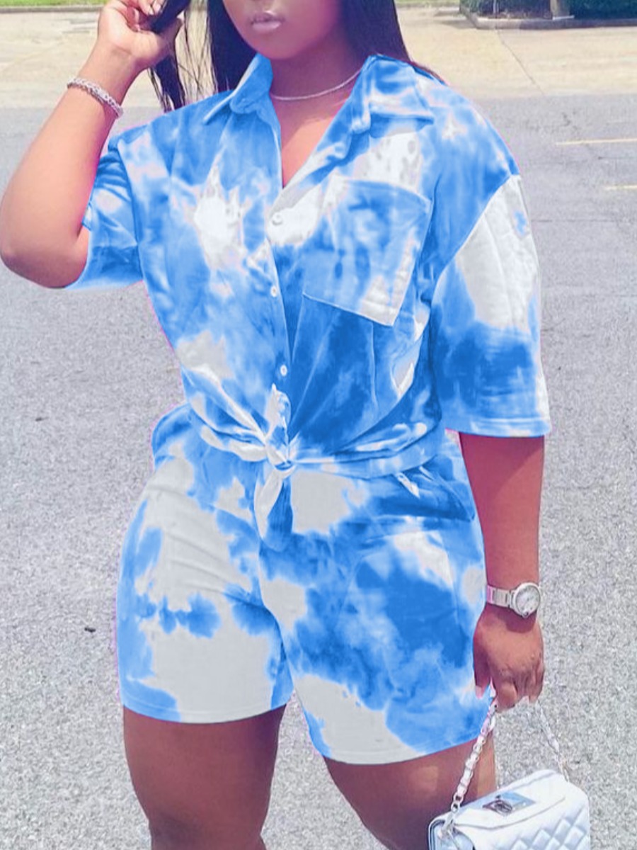 

Lovely Casual Dropped Shoulder Tie-dye Blue Two Piece Shorts Set