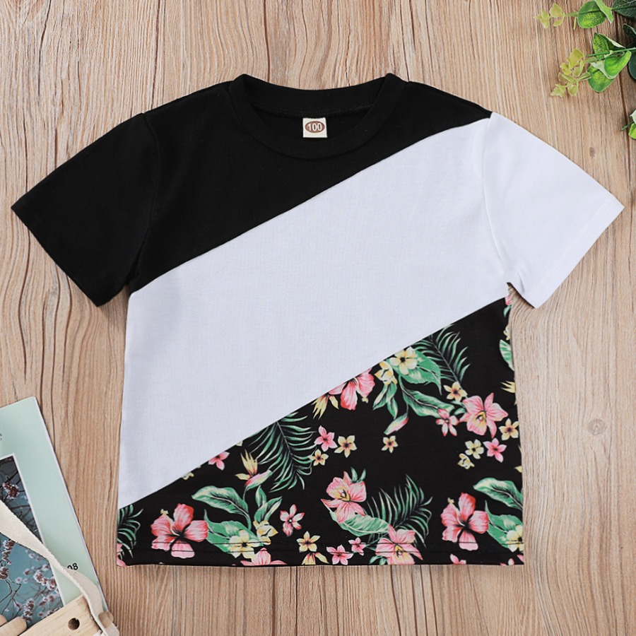 

Lovely Boy Casual Floral Print Patchwork Multicolor T-shirt, Multi