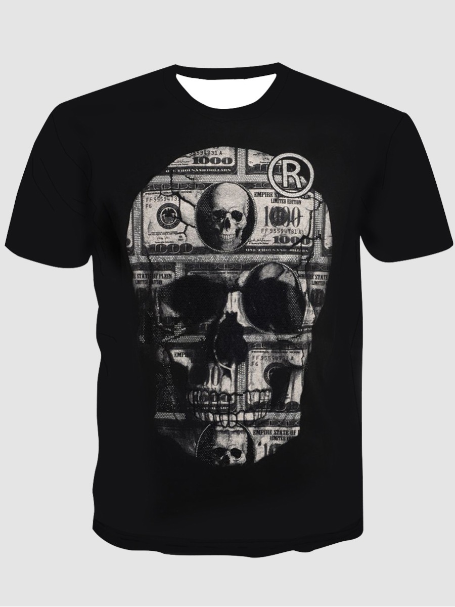 

Lovely Street Round Neck Skeleton Print Black T-shirt