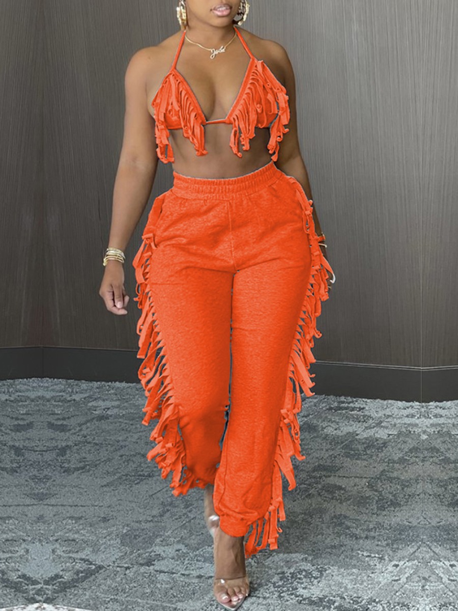 

Lovely Sexy Bandage Tassel Design Jacinth Two Piece Pants Set