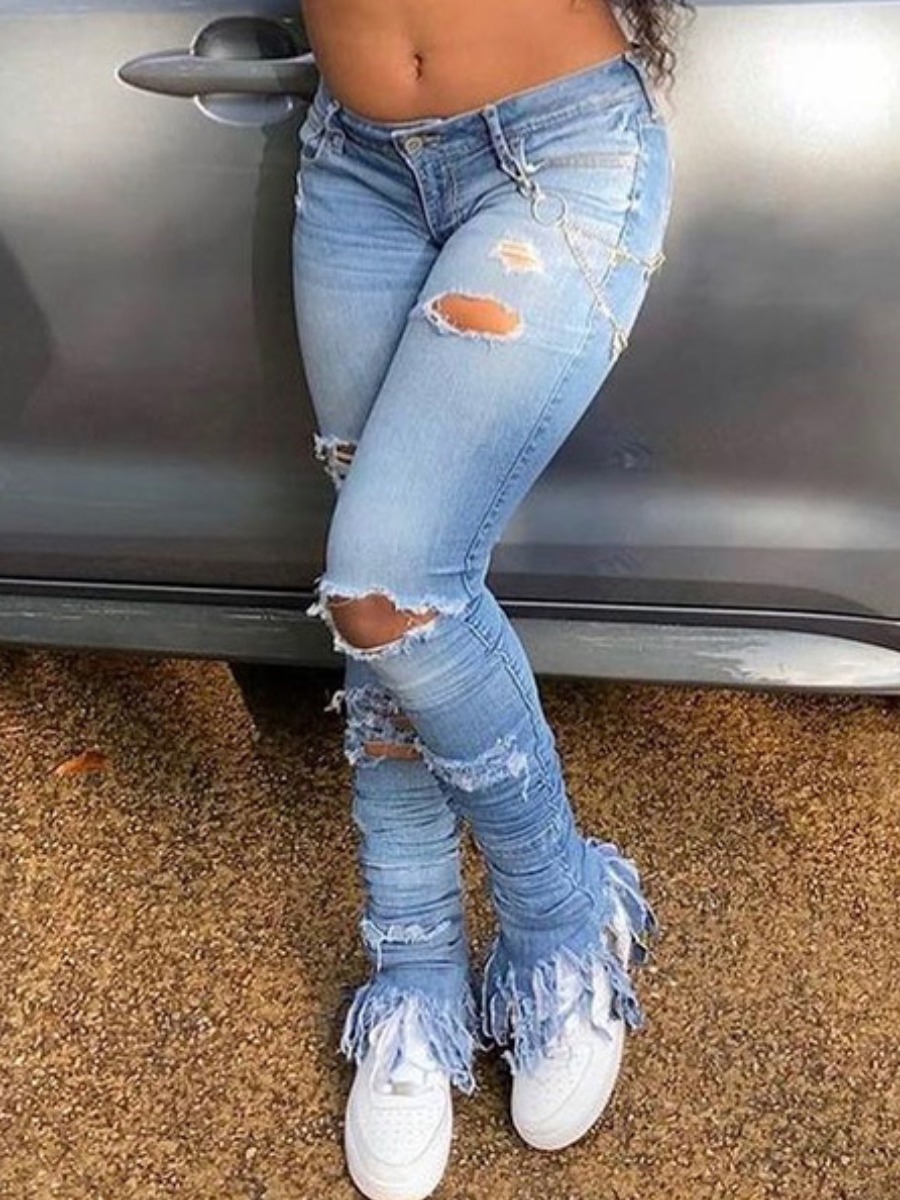 LW High Stretchy Ripped Tassel Design Blue Jeans