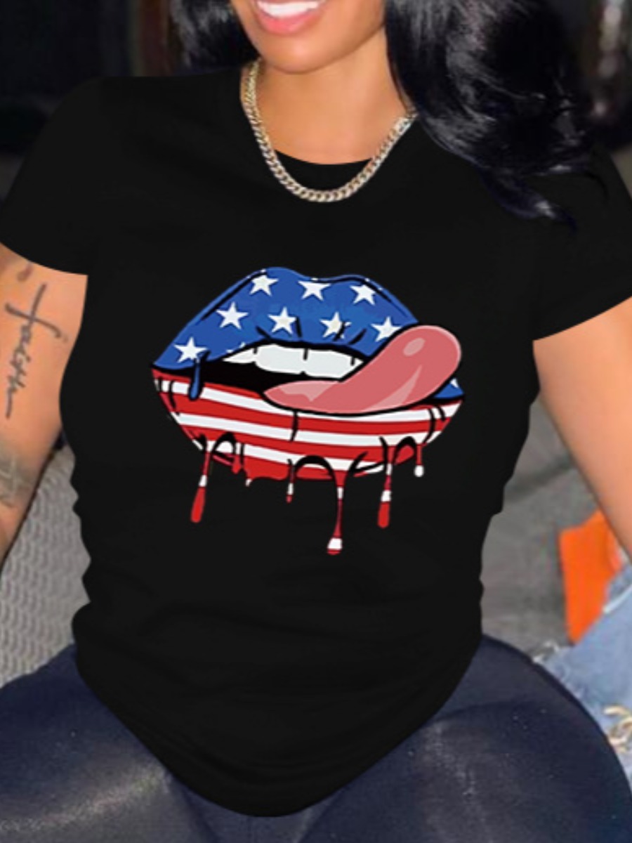 

LW Casual American Flag Lip Print Black T-shirt