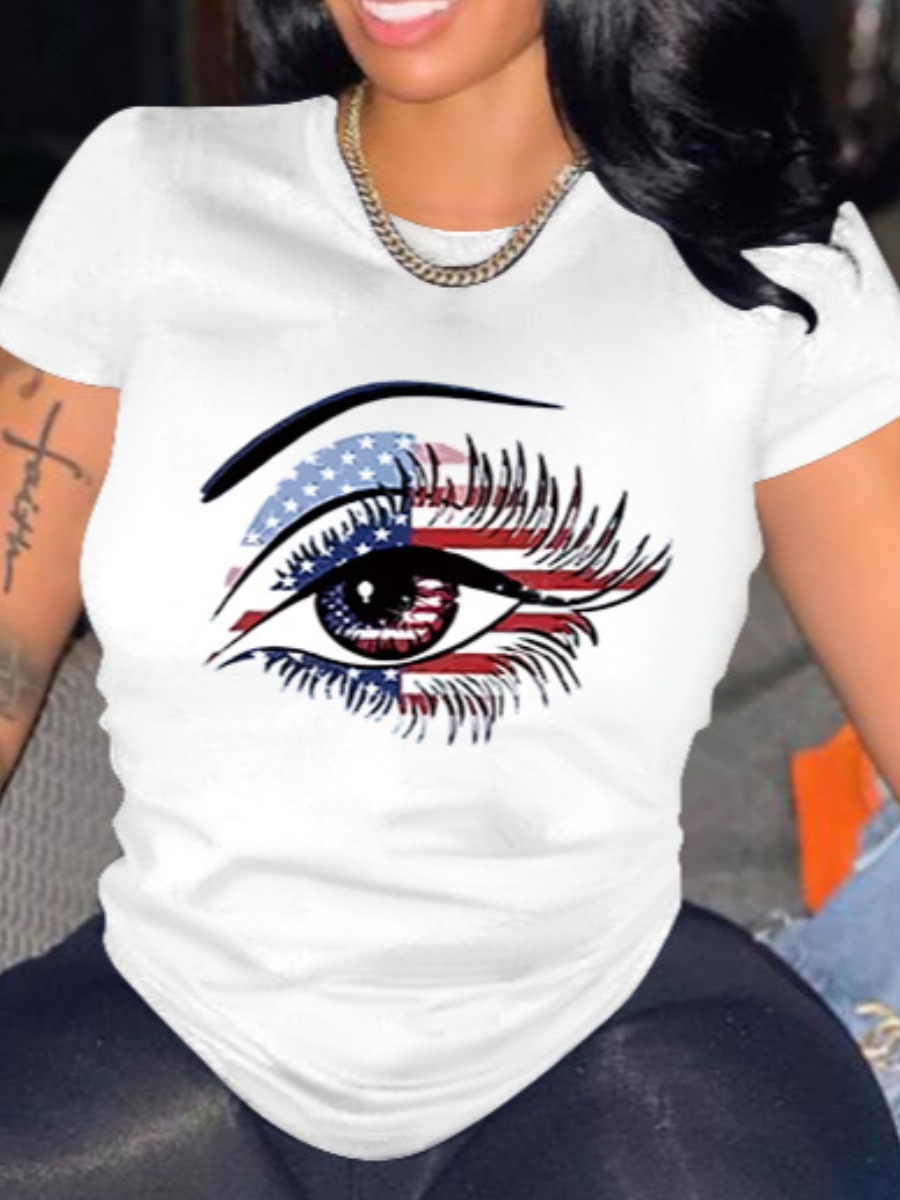 

Lovely Casual American Flag Eye Print White T-shirt