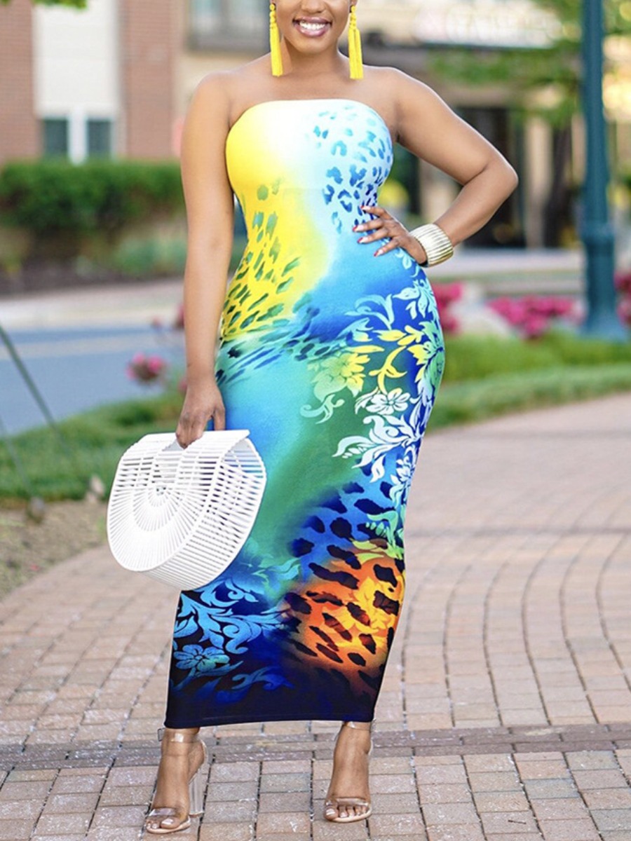 

Lovely Boho Off The Shoulder Floral Print Blue Ankle Length Dress