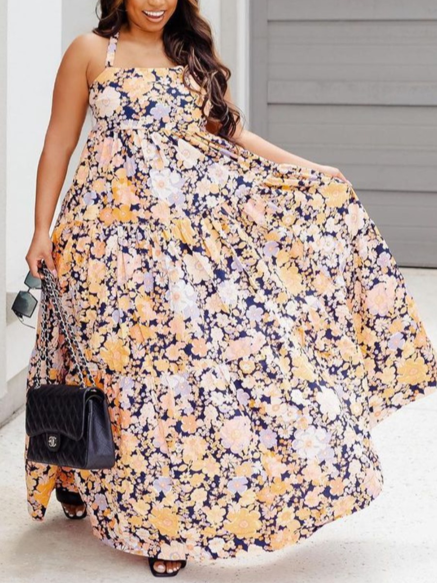 

Lovely Plus Size Boho Floral Print Spaghetti Strap Dark Blue Floor Length A Line Dress