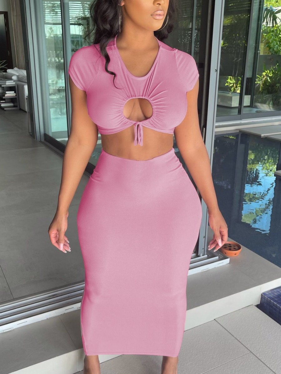 

LW Sexy Rib-Knit Hollow-out Pink Two Piece Skirt Set