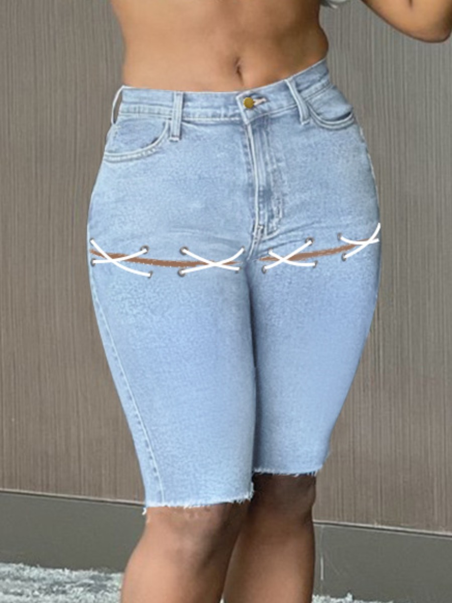 

LW Casual Ripped Bandage Design Baby Blue Denim Shorts