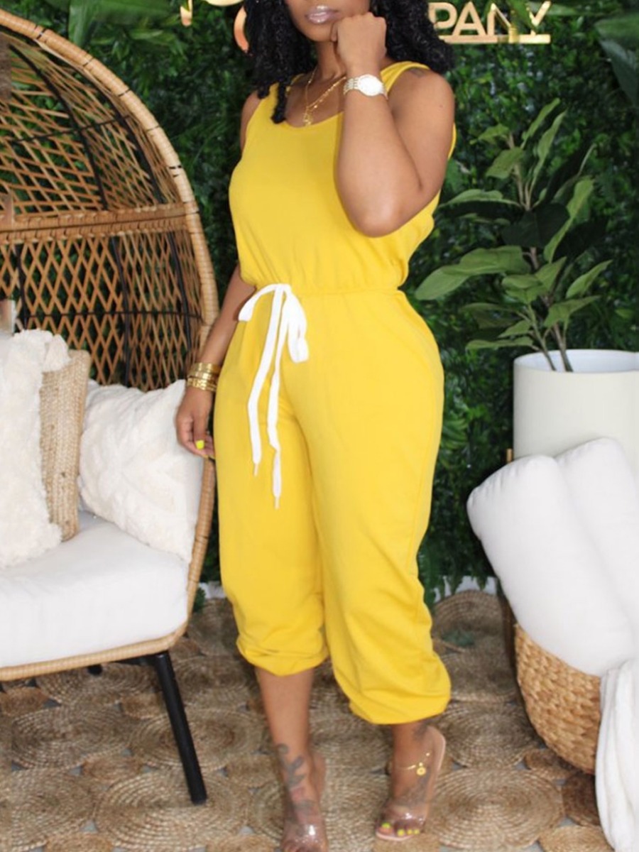 

Lovely Plus Size Casual Round Neck Drawstring Yellow One-piece Jumpsuit