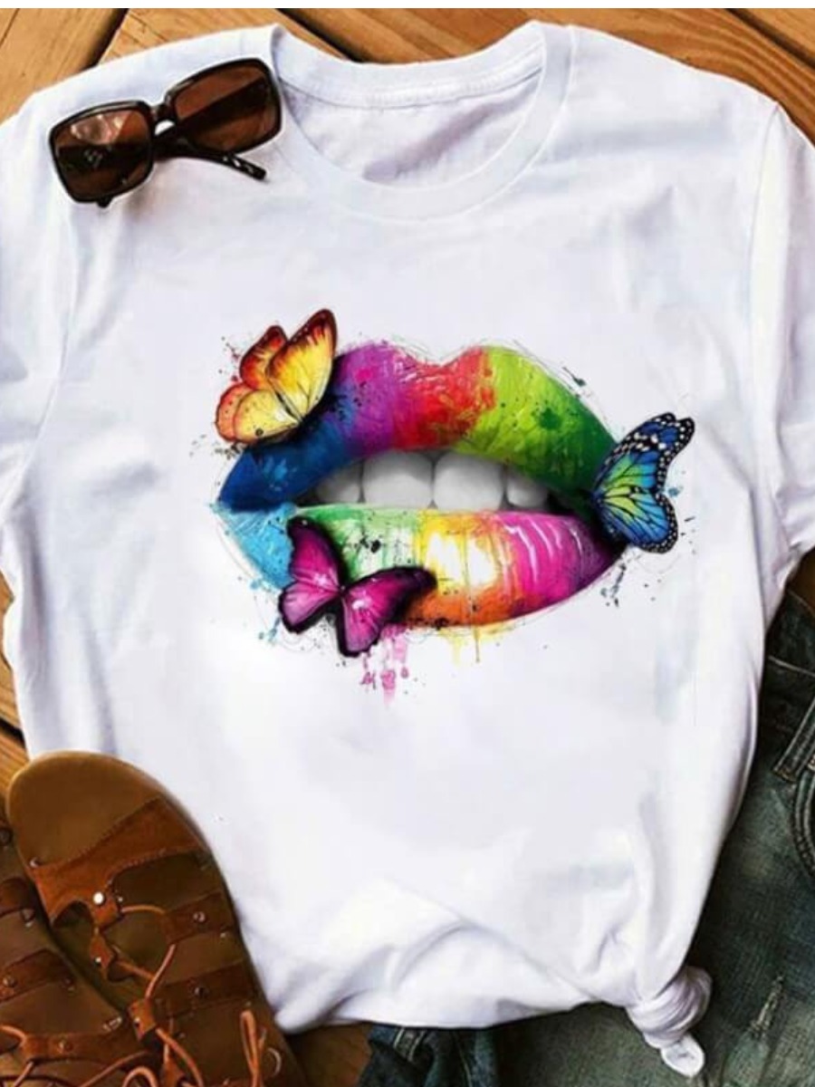 

lovely Casual O Neck Lip Print Multicolor T-shirt, Multi