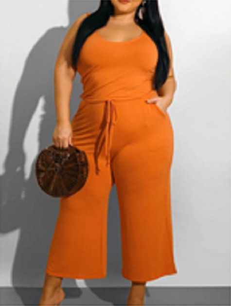 

Lovely Plus Size Casual O Neck Drawstring Orange One-piece Jumpsuit
